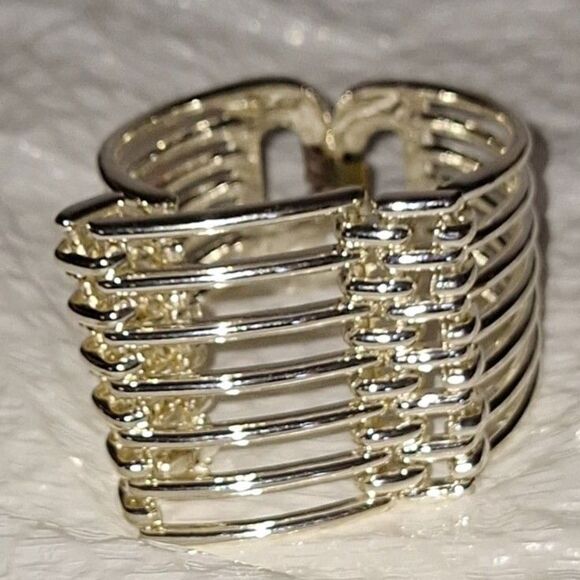 Women's Cuff Bracelet Metallic Accent Layered Silver Tone Hinged Runway - Picture 8 of 8